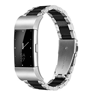 Fitbit Charge 2 Wrist Band,Shangpule Stainless Steel Metal Replacement Smart Watch Band Bracelet with Double Button Folding Clasp for Fitbit Charge 2 (Silver   Black)