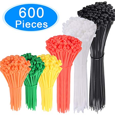 AUSTOR 600 Pieces Colored Zip Ties Nylon Cable Zip Ties in 4 6 8 10 Inches Tie Wraps Orange, Yellow, Green, Red, White and Black