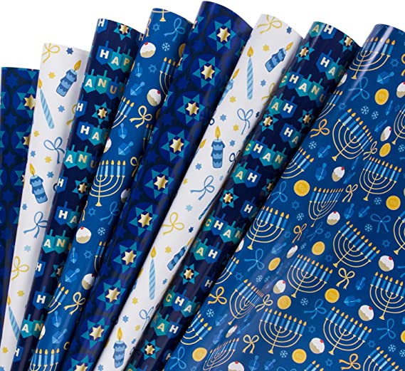 WRAPAHOLIC Hanukkah Wrapping Paper Sheet - Menorahs, the Star of David, Candles Chanukah Design - 1 Roll Contains 8 Sheets - 17.5 inch X 30 inch Per Sheet