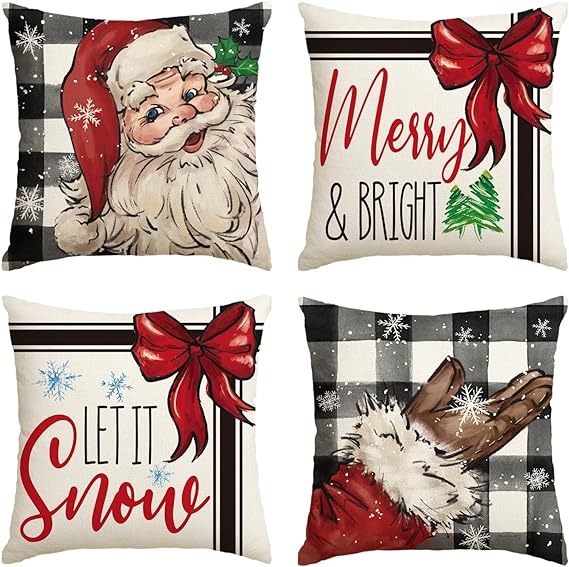 AVOIN colorlife Christmas Merry & Bright Santa Christmas Tree Throw Pillow Covers, 18 x 18 Inch Let It Snow Winter Holiday Cushion Case Decoration for Sofa Couch Set of 4