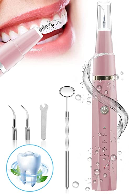 Ultrasonic Teeth Cleaning kit with 5 Modes, Waterproof, Tartar, Tooth Coffee Stains, Smoked Teeth Dental Plaque Calculus Remover with Replacement Heads Professional Dental Cleaning kit (Pink)