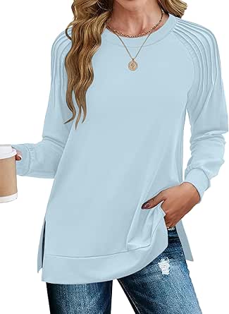 Zeagoo Womens Crewneck Sweatshirt Long Sleeve Tunic Tops Pleated Shirts Dressy Casual Fall 2024 Fashion Trendy Loose Fitting