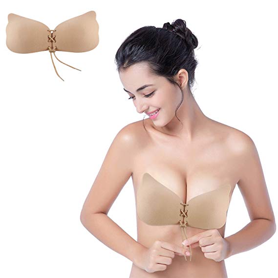 Fancar Backless Strapless Bra, Self Adhesive Sticky Silicone Invisible Push up Bra with Drawstring for Women