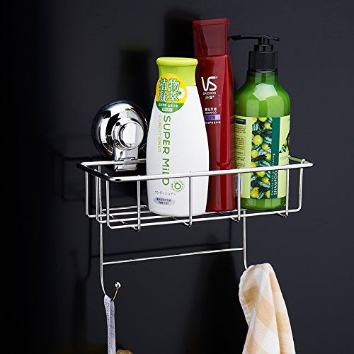 Ipegtop Suction Stainless Steel Square Deep Shower Caddy Shelf Storage with Rotate and Lock Suction Cups Basket for Bathroom Kitchen Glass