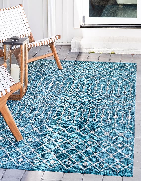 Unique Loom Outdoor Trellis Collection Area Rug - Tribal Trellis (10' x 14' 1" Rectangle, Teal/ Ivory)