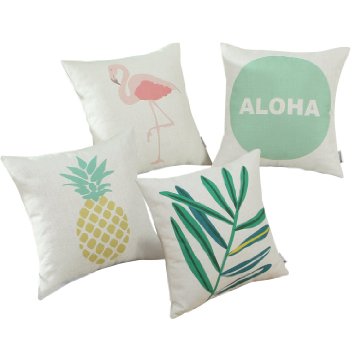 Set of 4 Euphoria Home Decorative Cushions Covers Pillows Shells Cotton Linen Blend Aquarelle Watercolor Print Hawaii Style Combo Set 18 X 18