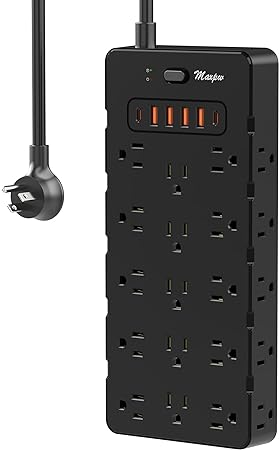 Maxpw Power Strip Surge Protector with 25 Outlets & 6 USB Ports (2 USB C), 3400 J, 6.5 Ft Flat Plug Heavy Duty Extension Cord with Multiple Outlets Wall Mountable for Home, Office, Gaming Room, Black