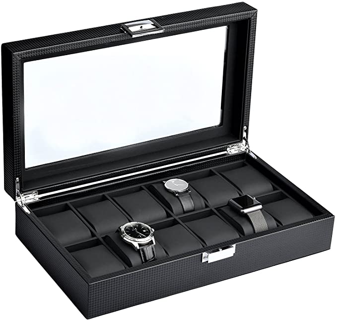 Mantello 12-Watch Display Box Organizer Carbon Fiber Design Glass Top, Black