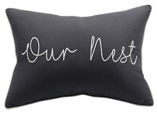 YugTex Our Nest Quote Embroidered Decorative Cotton Dark grey Oblong Accent Throw Pillowcase For Housewarming Sofa Porch Couch Entryway Living Room Bedroom Chair (14"x20", Dark Grey(Our nest))