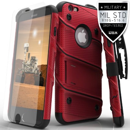 Zizo Dual Layered Kickstand Holster Belt Case with .33mm 9H Tempered Glass Screen Protector For iPhone 6 Plus / 6S - Red / Black