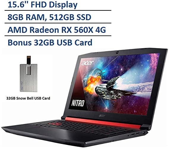 2020 Acer Nitro 5 15.6" FHD Gaming Laptop Computer, AMD Ryzen 5 2500U Processor, 8GB DDR4 RAM, 512GB SSD, AMD Radeon RX 560X 4GB Graphics, HD Webcam, Windows 10, Black & Red, Snow Bell 32GB USB Card