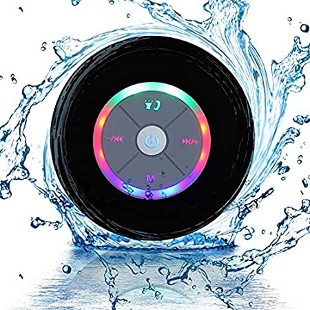 JUSTOP Rainbow LED Bluetooth Shower Speaker With FM Radio, IP67 Portable Fully Waterproof, Hands-Free Speakerphone. Rechargeable Using Micro USB, Perfect Speaker for Golf, Beach, Shower & Home (Black)