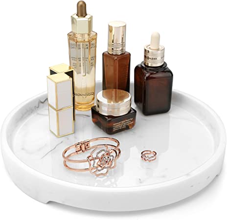 MoKo Vanity Tray, Resin Round Tray Decorative Catchall Organizer Storage Tray for Bathtub Accessories Toilet Tank Bedroom Dresser Cosmetics Jewelries Living Room Kitchen Counter-top – White Marble