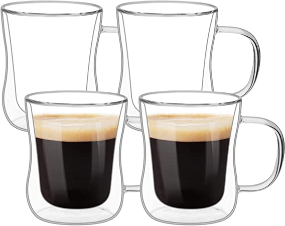 ComSaf 12oz Double Walled Glass Coffee Cups Set of 4, Heat Resistant Borosilicate Glasses Mugs with Handle, Insulated Thermo Tumbler for Tea Cappuccino Latte Hot/Cold Drinks