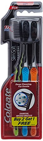 Colgate Slim Soft Charcoal Toothbrush Soft & Fine Bristles 0.01mm, Pack of 3