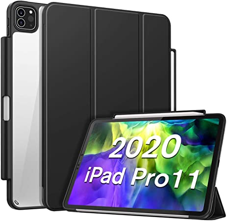 Fintie Case with Pencil Holder for iPad Pro 11" 2020/2018 [Supports 2nd Gen Pencil Charging] - Slim Transparent Clear Hard Back Cover with Shockproof Soft TPU Edge, Auto Wake/Sleep, Black