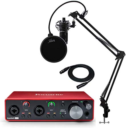 Focusrite Scarlett 2i2 3rd Gen 2x2 USB Audio Interface Bundle with AT2020 Mic, Knox Studio Stand, Shock Mount, Pop Filter and XLR Cable (6 Items)