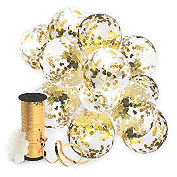 Gold Confetti Balloon For Party Decoration – 32 Pack Included Curling Ribbon Strip Roll & Flower Clips - Premium 12 Inch Clear Helium Latex Birthday Balloons Filled With Round Golden Mylar Foil Dot Confetti - For Wedding Anniversary, Proposal, Bridal & Baby Shower