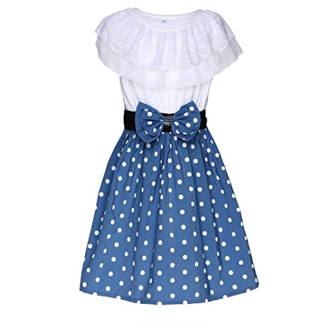 YJ.GWL Big Girl's Casual Dress Polka Dot Bow Summer Dress Kids Skirt