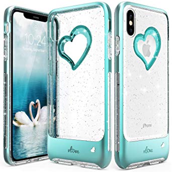 iPhone Xs Max Case, Vena [vLove] Silver Glitter Bling Heart Case Cover Slim Dual Layer Protection Compatible with Apple iPhone Xs Max - Teal/Clear