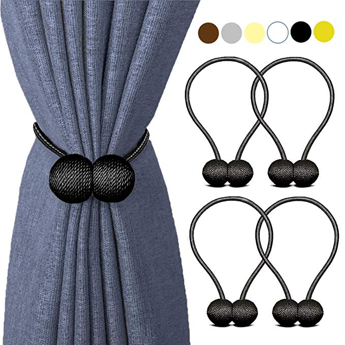 HILELIFE Magnetic Curtain Tiebacks Clips - Window Tie Backs Holders for Home Office Decorative Rope Holdbacks Classic Tiebacks Design (2 Pair (Black))