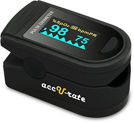 Acc U Rate Pro Series DELUXE CMS 500D Finger Pulse Oximeter Blood Oxygen Saturation Monitor with silicon cover, batteries and lanyard