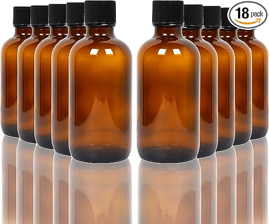 Youngever 18 Pack 3.5 Ounce Empty Glass Bottles with Lids, Amber Glass Tight Seal Lids, Refillable Container for Essential Oils, Vanilla Extract and More