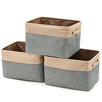 Foldable Storage Bin Basket, [3-Pack] EZOWare Rectangular Foldable Canvas Fabric Tweed Storage Cube Bin Set With Handles - Brown