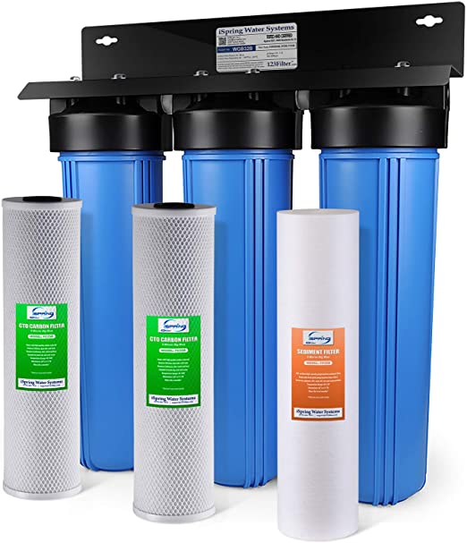 iSpring WGB32B 3-Stage Whole House Water Filtration System w/ 20-Inch Big Blue Sediment and Carbon Block Filters
