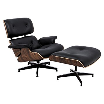 LeisureMod Modern Classic Plywood Zane Lounge Chair & Ottoman with Palisander Wood (Black Leather)