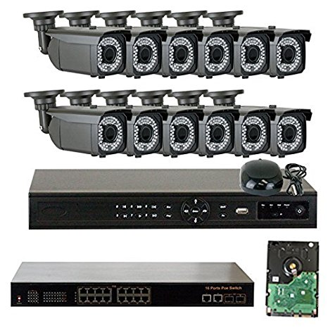16 Channel Network IP Security System with 12 x 5MP 1080P 2.8-12mm Varifocal Zoom 180ft IR PoE  IP Camera 3TB