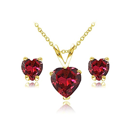 Sterling Silver Created or Simulated Gemstone Heart Solitaire Necklace and Stud Earrings Set
