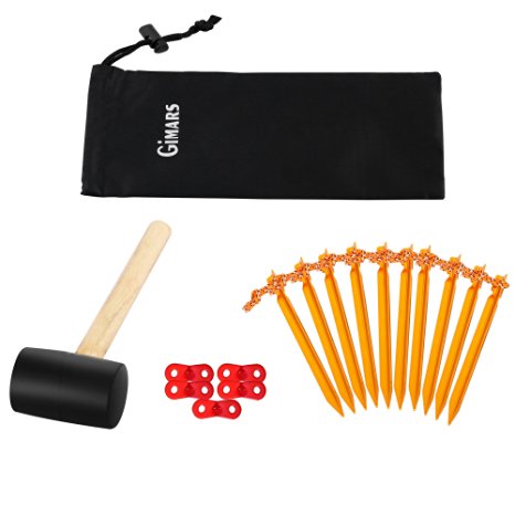 Gimars Assorted 16 Pack Tent Kit - 10-Piece 7075 Heavy Duty Aluminum Tent Stakes & Rubber Hammer & 5-Piece Guyline Adjuster & with Pull Cords & Carrying Pouch