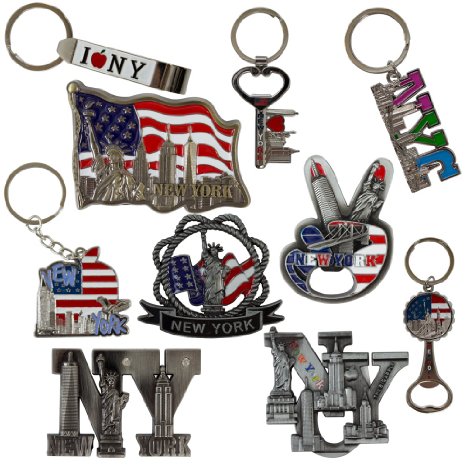 New York NYC Bundle Souvenir Metal Keychain And Metal Fridge Magnets 10 Pack, 5 Keychains 5 Magnates - Statue Of Liberty, USA Flag, Freedom Tower, Empire State Building, And More.
