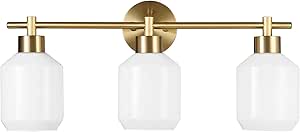 Globe Electric 52055 Cannes 3-Light, Gold Bathroom Vanity Light Fixtures, Modern Wall Lighting with Milk Glass Shades, Vanity Lights for Bathroom, Brass bathroom light fixtures, Bulb Not Included