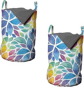 Ambesonne Colorful Laundry Bag Pack of 2, Blossoming Nature Rainbow Colored Foliage in Watercolor Style Spring Illustration, Hamper Basket with Handles Drawstring Closure, 13" x 19", Blue Multicolor