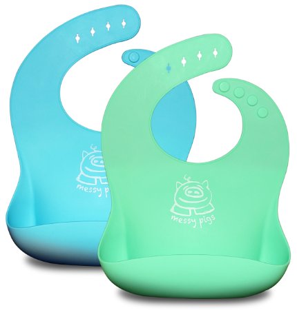 SALE! Silicone Baby Bib with Crumb Catcher, Waterproof Set BPA Free Flexible Silicone Girl and Boy, Stain Resistant Wipes Clean (Blue / Green)