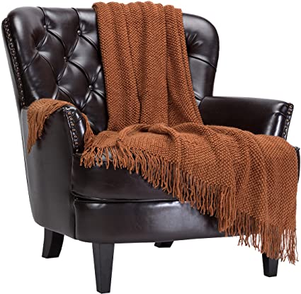 Chanasya Textured Knitted Rust Brown Throw Blanket with Tassels - Soft Bohemian Farmhouse Chic Accent Throws - Decorative for Sofa Couch Bed Living Room Camel Brown (50x65 Inch) Boho Cashew Blanket