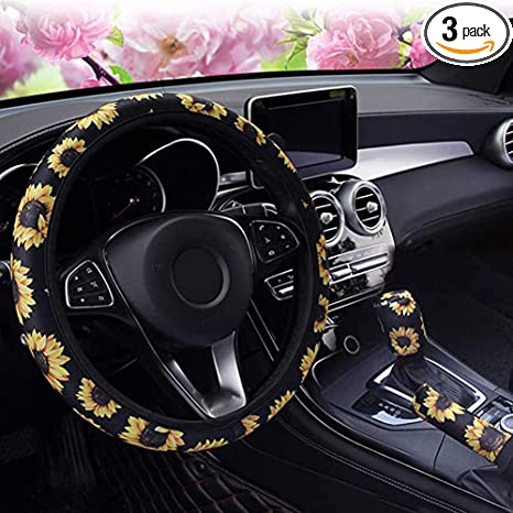 ZWZCYZ Fashion Steering Wheel Cover with Handbrake Cover & Gear Shift Cover, Sunflower Non-Slip Elastic Steering Wheel Cover Kit Car Decoration Cute Car Accessories For Women Girls (Sunflower (Yellow)