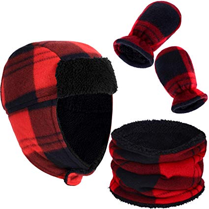 Baby Boys Buffalo Plaid Hat Fleece Lined Ear Flaps Hat Scarf Gloves, 2-4 Years