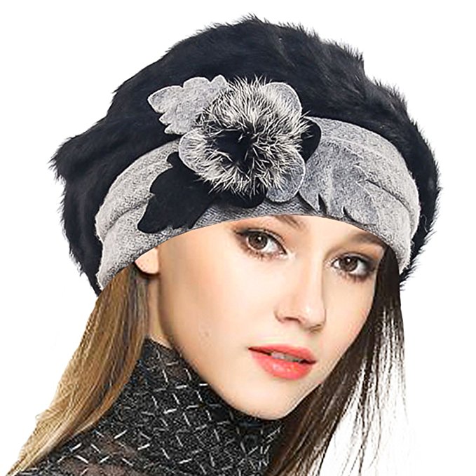 VECRY Lady French Beret 100% Wool Beret Floral Dress Beanie Winter Hat