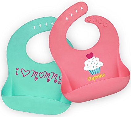 Stylish and Functional! Designer Waterproof Silicone Bibs, Easily Wipes Clean! BPA Free Soft Silicone Baby Bibs with Crumb Catcher Pocket! Girls Set of 2