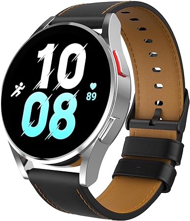MoKo Leather Strap Compatible with Samsung Galaxy Watch 6 5 4 Strap 40mm 44mm/6 Classic 43mm 47mm/5 Pro 45mm/4 Classic 42mm 46mm/3 41mm/Active 2, 20mm Top Grain Leather Replacement Band, Black