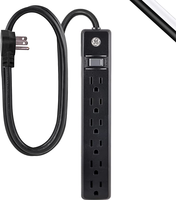 GE 6-Outlet Power Strip, 7 Ft Extension Cord, 1800 Watt, Integrated Circuit Breaker, Grounded, Flat Plug, 3 Prong Outlet, UL Listed, Black, 37816