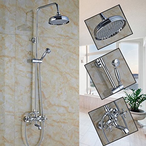 Senlesen Chrome Polished Bathroom 8" Rainfall Shower Faucet Set Tub Spout Dual Cross Handles with Handheld Head