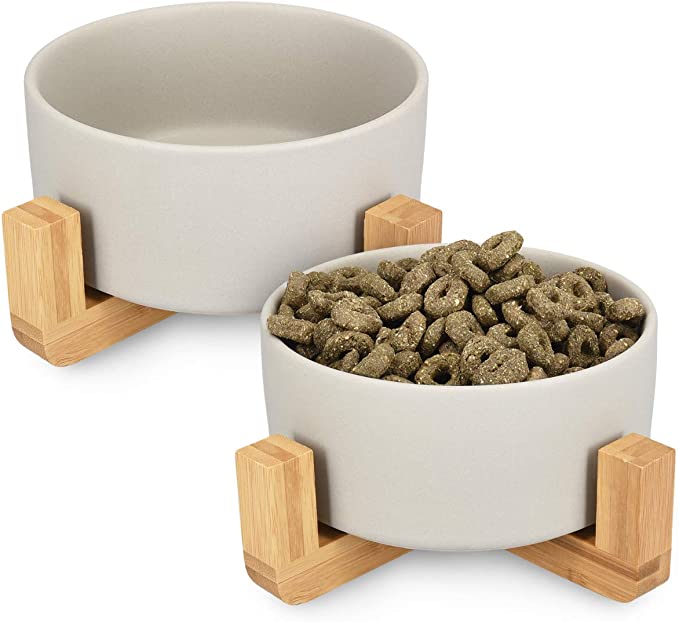 Navaris Ceramic Elevated Cat Bowls - Raised Double Food and Water Bowl Set for Cats and Small Dogs with Wood Stands - No Spill Eco Friendly Pet Bowls