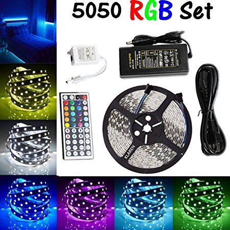 LED Strip Light, Flexible Rope Lights, KLAREN Waterproof 16.4ft 5M 5050 SMD 300leds RGB Color Changing Ribbon Lighting Strip Kit with 44Key Remote   12V 5A Power Supply   IR Control Box