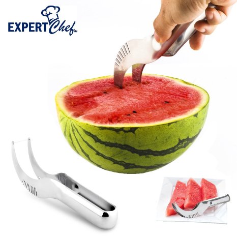 Top Rated Premium Stainless Steel Watermelon Slicer Tongs Corer Cutter Knife and Server by Expert Chef