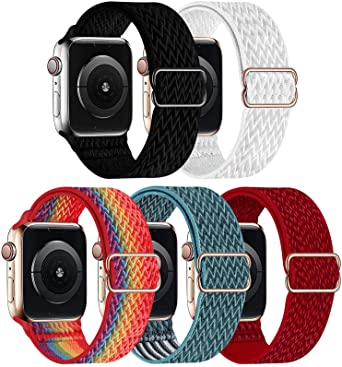 GBPOOT 5 Packs Nylon Stretch Band Compatible with Apple Watch,Adjustable Soft Sport Breathable Loop for Iwatch Series 7/6/5/4/3/2/1/SE,Black/White/Colorful/CelestialTeal/Red,42/44/45mm