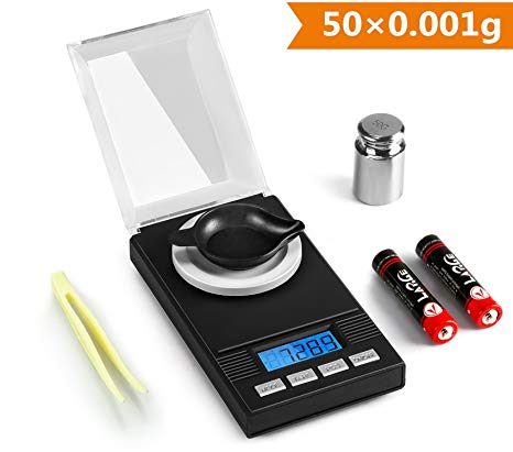 Henmi Digital Scale Milligram Scale 50X0.001g Mini LCD Pocket Scale Weighing Scales with Calibration Weights Tweezers and Weighing Pans for Jewelry Coins Reload and Kitchen